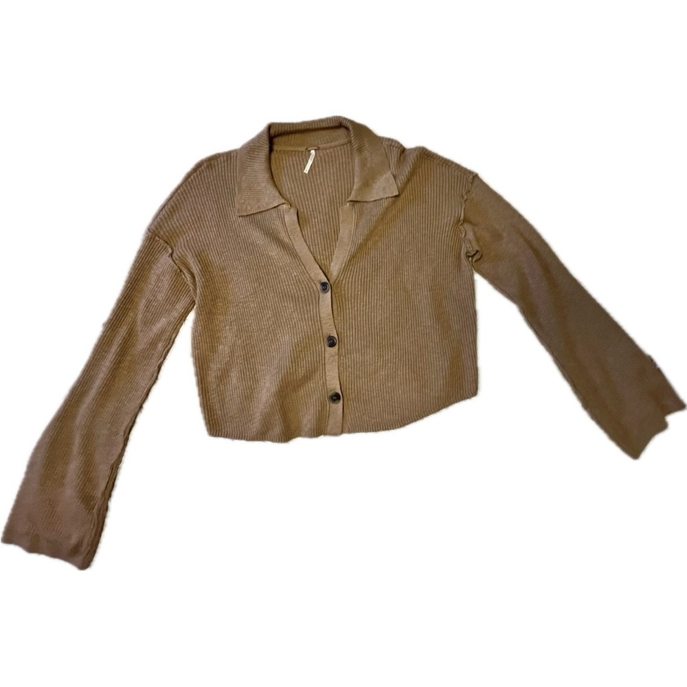 Free People Ribbed Cropped Cardigan Button-Up Top Brown XL Ella Button Up